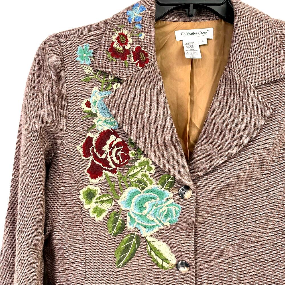 Coldwater Creek Floral Embroidered Boho Blazer Jacket Womens Size 8 Brown